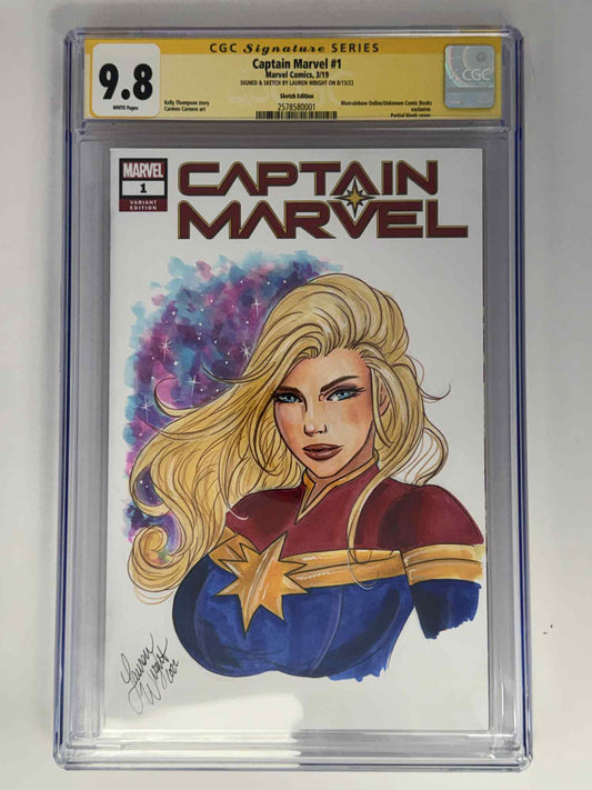 [Signed & Sketch by Lauren Wright] Captain Marvel #1 CGC 9.8 Yellow Label Exclusive Sketch Var